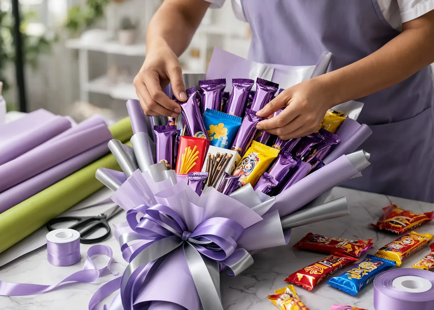 Perangkai sedang menata snack bouquet